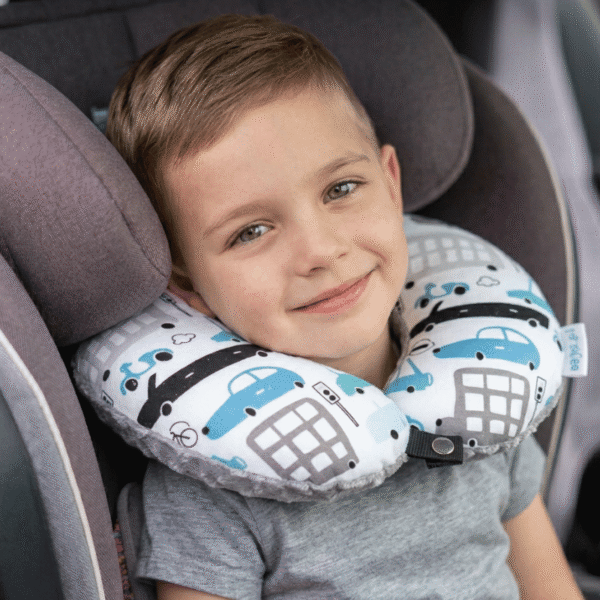 Poduszka podróżna na szyję rogal dla dzieci bawełna minky wygodna – autka