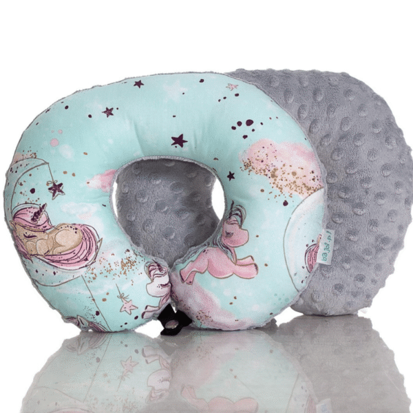 Poduszka podróżna na szyję rogal dla dzieci bawełna minky wygodna – jednorożce miętowe