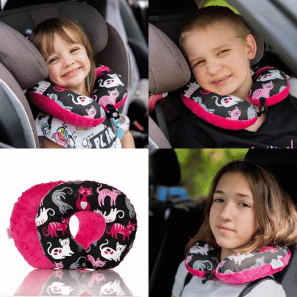 Poduszka podróżna na szyję rogal dla dzieci bawełna minky wygodna – koty fuksjowe