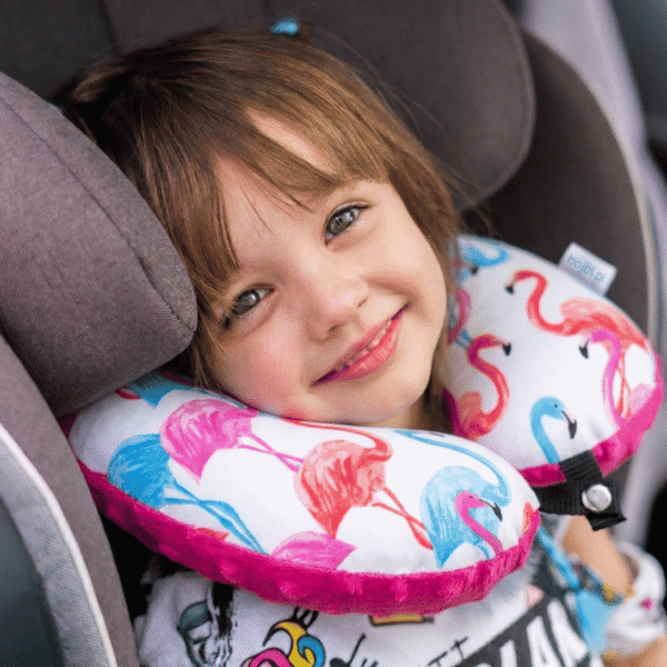 Poduszka podróżna na szyję rogal dla dzieci bawełna minky wygodna – flamingi