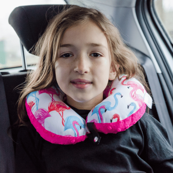 Poduszka podróżna na szyję rogal dla dzieci bawełna minky wygodna – flamingi