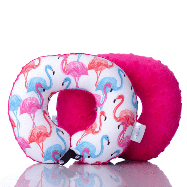 Poduszka podróżna na szyję rogal dla dzieci bawełna minky wygodna – flamingi
