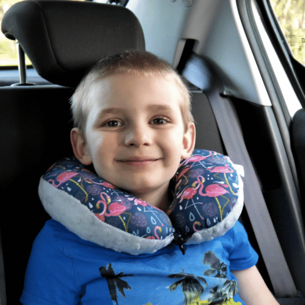 Poduszka podróżna na szyję rogal dla dzieci bawełna minky wygodna – flamingo