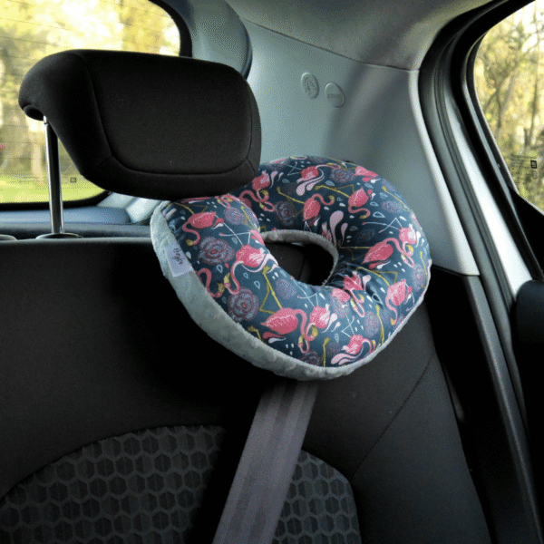 Poduszka podróżna na szyję rogal dla dzieci bawełna minky wygodna – flamingo