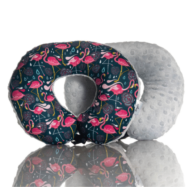 Poduszka podróżna na szyję rogal dla dzieci bawełna minky wygodna – flamingo