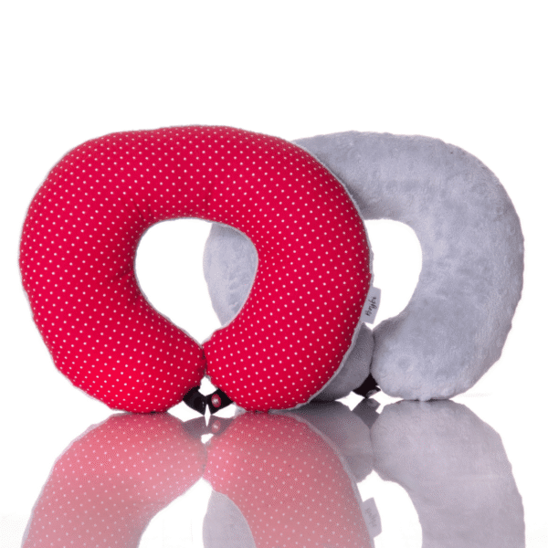 Poduszka podróżna na szyję rogal dla dzieci bawełna minky wygodna – groszki czerwone