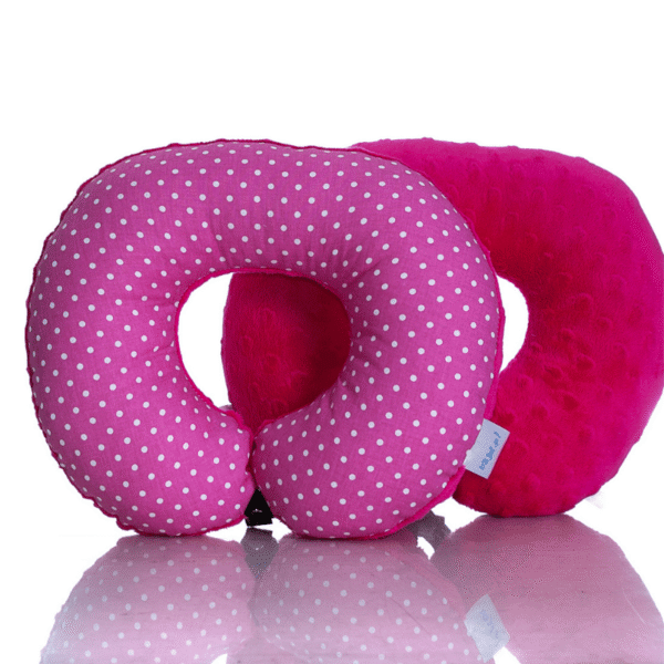 Poduszka podróżna na szyję rogal dla dzieci bawełna minky wygodna – groszki fuksjowe