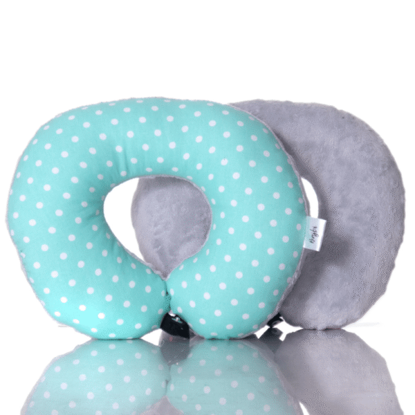 Poduszka podróżna na szyję rogal dla dzieci bawełna minky wygodna – groszki miętowe