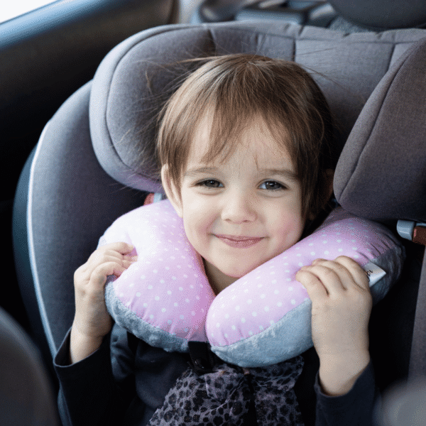 Poduszka podróżna na szyję rogal dla dzieci bawełna minky wygodna – groszki różowe