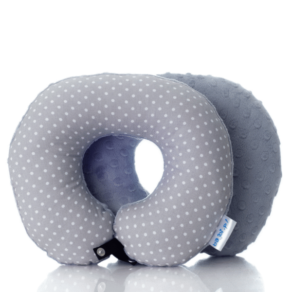 Poduszka podróżna na szyję rogal dla dzieci bawełna minky wygodna – groszki szare