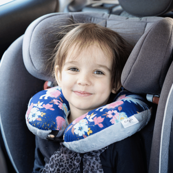 Poduszka podróżna na szyję rogal dla dzieci bawełna minky wygodna – jednorożce granatowe
