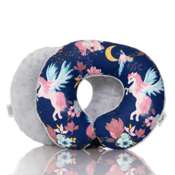 Poduszka podróżna na szyję rogal dla dzieci bawełna minky wygodna – jednorożce granatowe