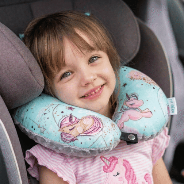 Poduszka podróżna na szyję rogal dla dzieci bawełna minky wygodna – jednorożce miętowe