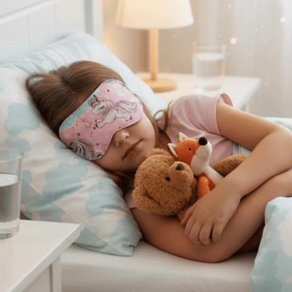 Opaska na oczy do spania dla dzieci komfortowa 100 % bawełna jednorożce różowe