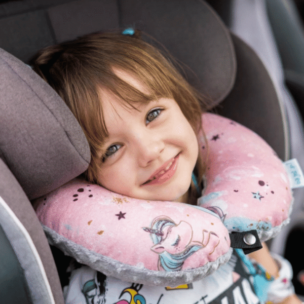 Poduszka podróżna na szyję rogal dla dzieci bawełna minky wygodna – jednorożce różowe