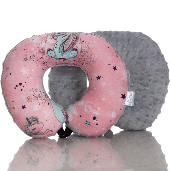 Poduszka podróżna na szyję rogal dla dzieci bawełna minky wygodna – jednorożce różowe