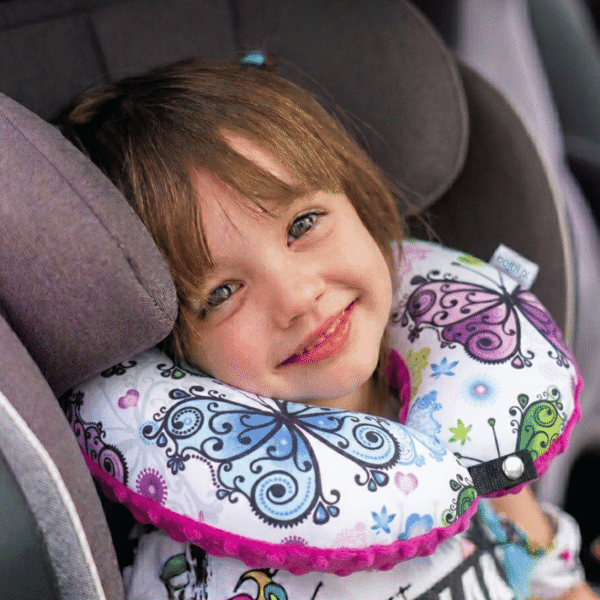 Poduszka podróżna na szyję rogal dla dzieci bawełna minky wygodna – motylki
