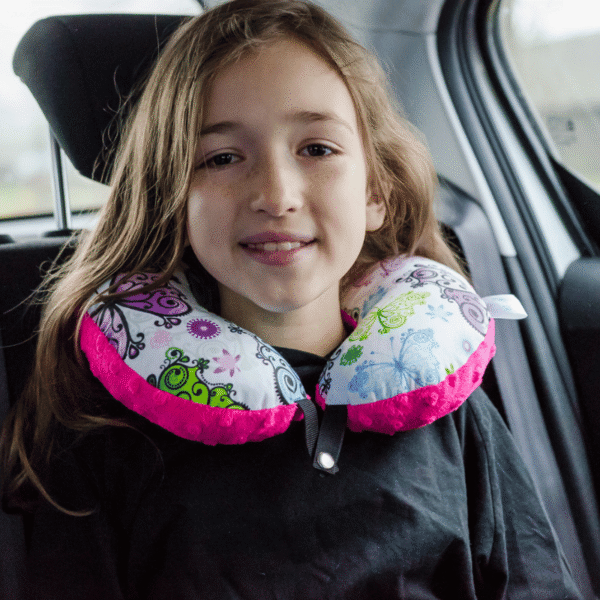 Poduszka podróżna na szyję rogal dla dzieci bawełna minky wygodna – motylki